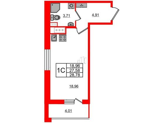 Продажа квартиры-студии 27,6 м², 9/12 этаж