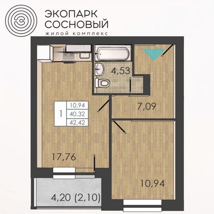 42,4 м², 1-комн. квартира, 2/4 этаж