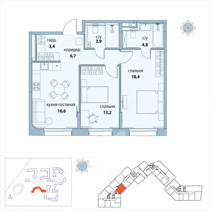 Продажа 2-комнатной квартиры 68,3 м², 4/14 этаж