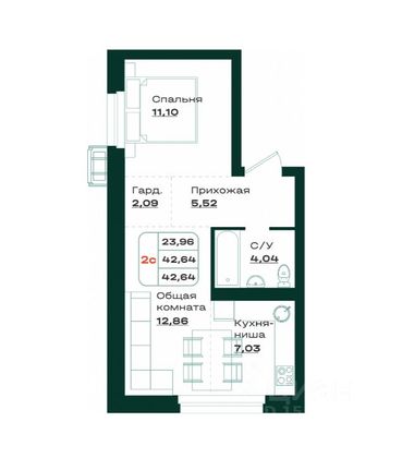 Продажа 2-комнатной квартиры 42,6 м², 2/7 этаж
