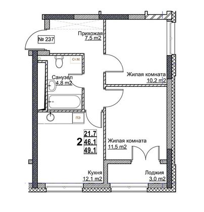 49,1 м², 2-комн. квартира, 13/24 этаж