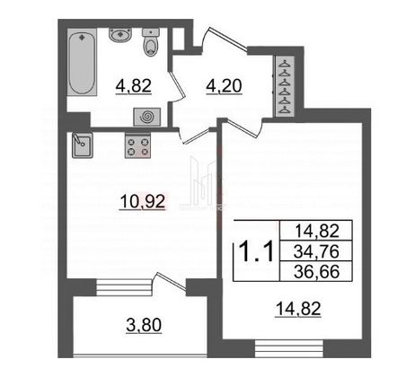 Продажа 1-комнатной квартиры 36,7 м², 4/5 этаж