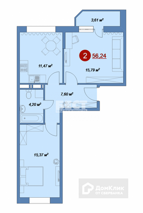 Продажа 2-комнатной квартиры 56,2 м², 3/17 этаж
