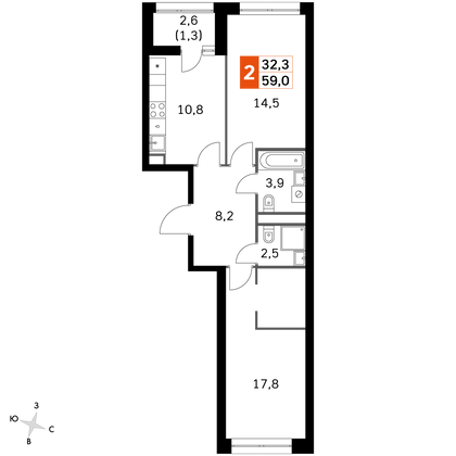 59,4 м², 2-комн. квартира, 21/31 этаж