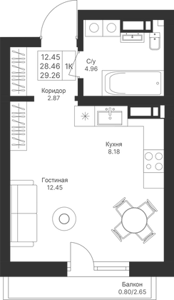 29,3 м², студия, 4/10 этаж