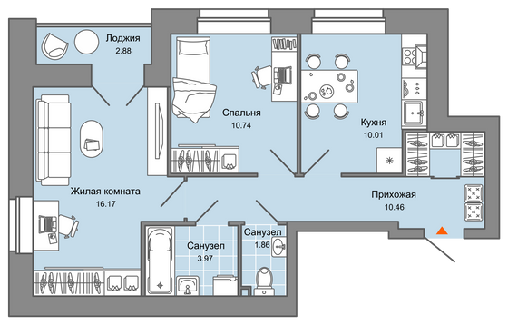 55 м², 2-комн. квартира, 8/8 этаж