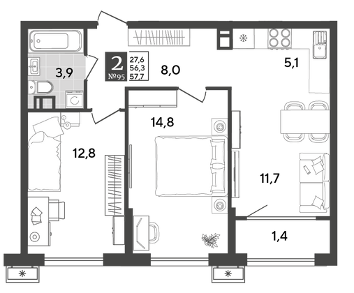 Продажа 2-комнатной квартиры 57,7 м², 6/18 этаж