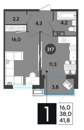 41,8 м², 1-комн. квартира, 4/9 этаж