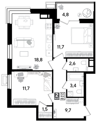 Продажа 2-комнатной квартиры 64,2 м², 16/18 этаж