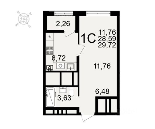 Продажа 1-комнатной квартиры 30 м², 3/26 этаж