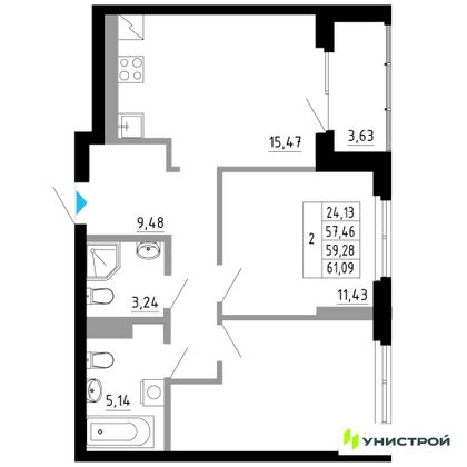 59,3 м², 2-комн. квартира, 14/27 этаж