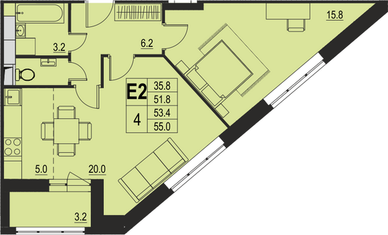 53,4 м², 2-комн. квартира, 15/17 этаж