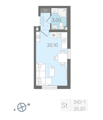Продажа квартиры-студии 25,2 м², 19/25 этаж