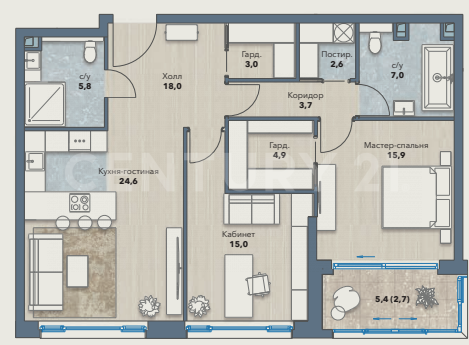 Продажа 3-комнатной квартиры 97,7 м², 2/12 этаж