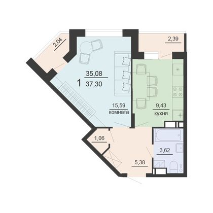 Продажа 1-комнатной квартиры 37,3 м², 9/20 этаж