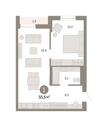 Продажа 1-комнатной квартиры 55,6 м², 9/17 этаж