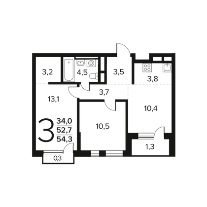 Продажа 3-комнатной квартиры 54,3 м², 11/14 этаж