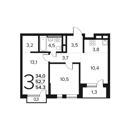 54,3 м², 3-комн. квартира, 11/14 этаж