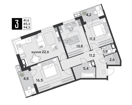 Продажа 3-комнатной квартиры 94,3 м², 13/18 этаж