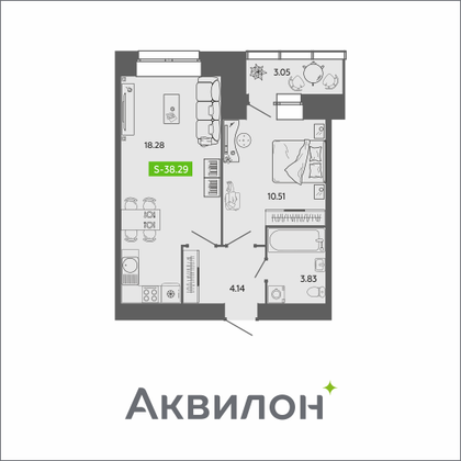 38,3 м², 1-комн. квартира, 2/11 этаж