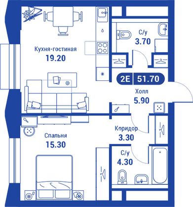 51,7 м², 2-комн. квартира, 25/26 этаж