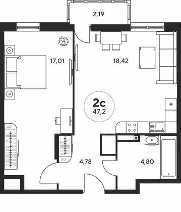 47,2 м², 2-комн. квартира, 12 этаж