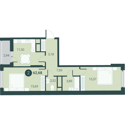 62,7 м², 2-комн. квартира, 8/23 этаж