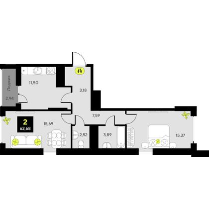 62,7 м², 2-комн. квартира, 9/23 этаж