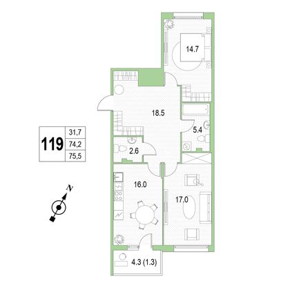 Продажа 2-комнатной квартиры 75,5 м², 4/4 этаж