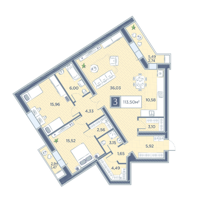 Продажа 3-комнатной квартиры 113,5 м², 2/14 этаж