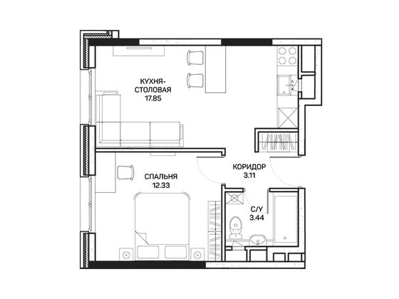 36,7 м², 1-комн. квартира, 1/8 этаж