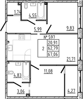 67,1 м², 2-комн. квартира, 2/8 этаж