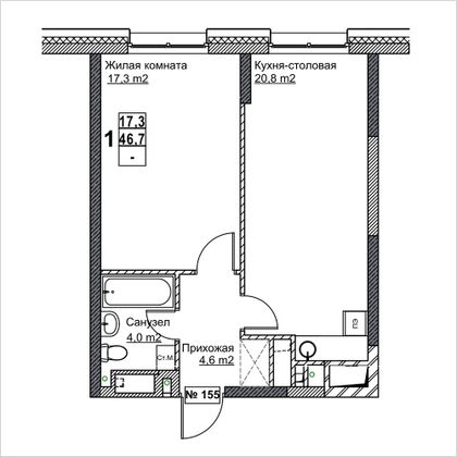 Продажа 1-комнатной квартиры 46,7 м², 3/24 этаж