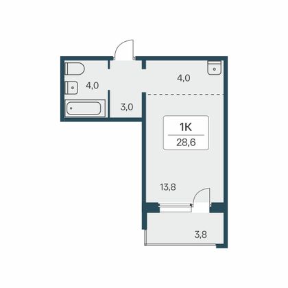 28,6 м², 1-комн. квартира, 2/17 этаж