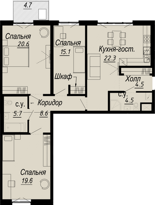 105,1 м², 3-комн. квартира, 5/8 этаж