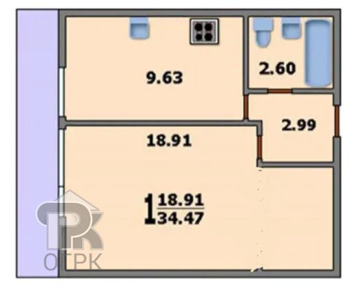 Продажа 1-комнатной квартиры 34,4 м², 12/16 этаж