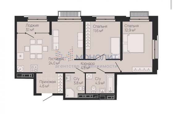 Продажа 2-комнатной квартиры 68,1 м², 8/13 этаж