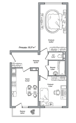 Продажа 2-комнатной квартиры 55,3 м², 7/10 этаж