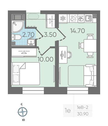 Продажа 1-комнатной квартиры 30,9 м², 4/16 этаж