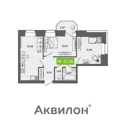 52,4 м², 2-комн. квартира, 9/9 этаж