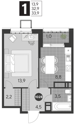 Продажа 1-комнатной квартиры 33,9 м², 18/21 этаж