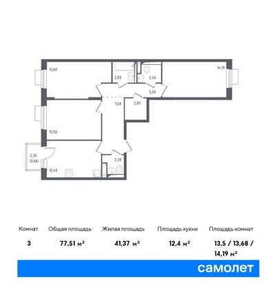 77,5 м², 3-комн. квартира, 5/12 этаж