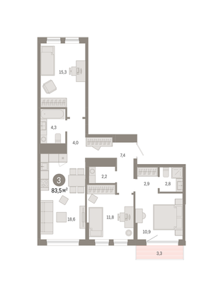 83,5 м², 3-комн. квартира, 2/9 этаж