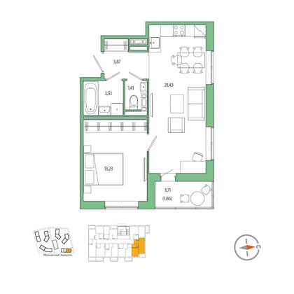 43,5 м², 1-комн. квартира, 3/5 этаж