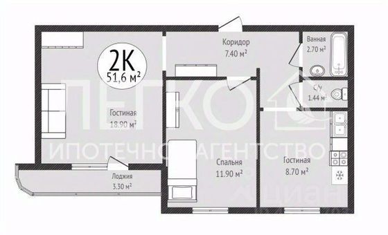 Продажа 2-комнатной квартиры 51,6 м², 4/5 этаж