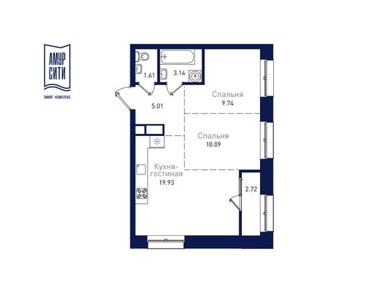 52,6 м², 2-комн. квартира, 3/19 этаж