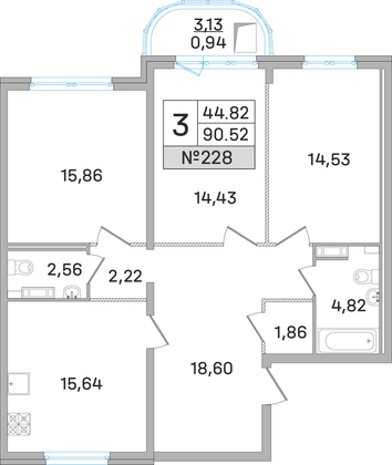 90,5 м², 3-комн. квартира, 6 этаж