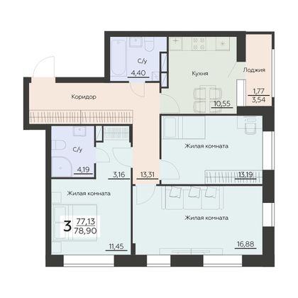 Продажа 3-комнатной квартиры 78,9 м², 8 этаж