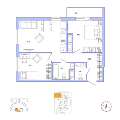 67,3 м², 2-комн. квартира, 22/25 этаж