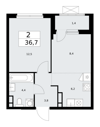 36,7 м², своб. планировка, 6/17 этаж